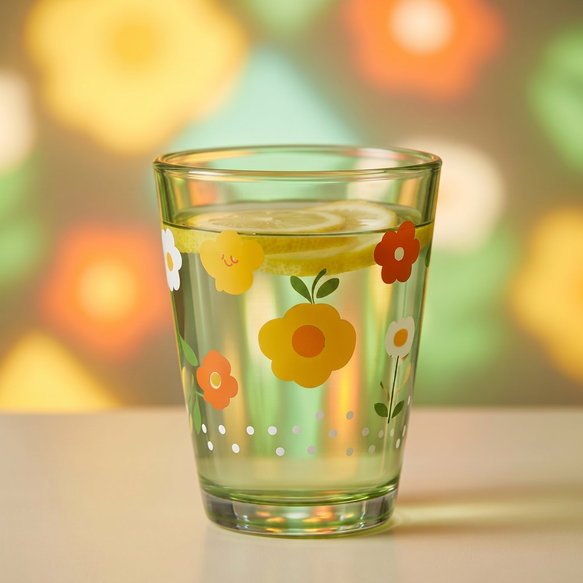 Retro Meadow Green Floral Glass Tumbler
