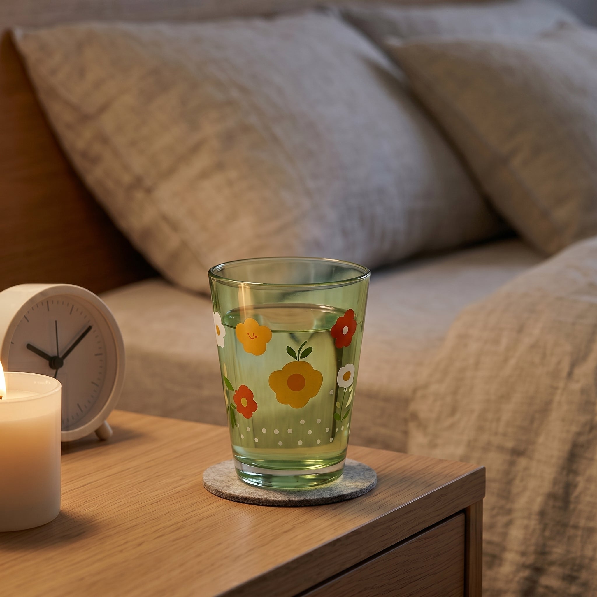 Retro Meadow Green Floral Glass Tumbler