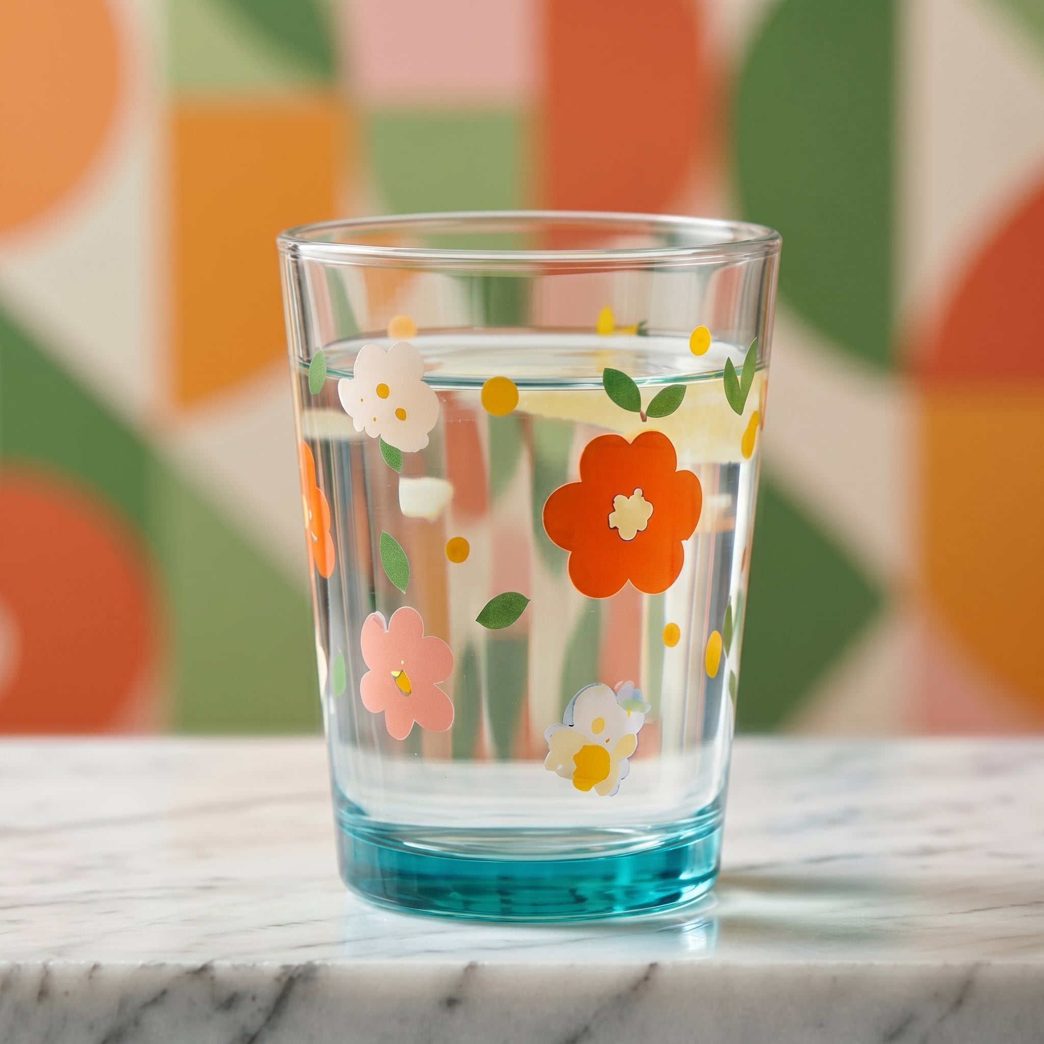 Retro Blossoms Teal Base Glass Tumbler