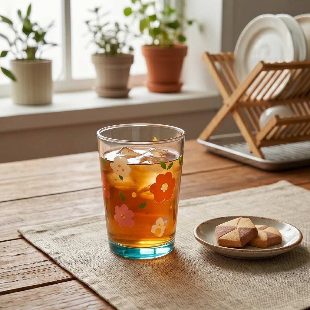 Retro Blossoms Teal Base Glass Tumbler