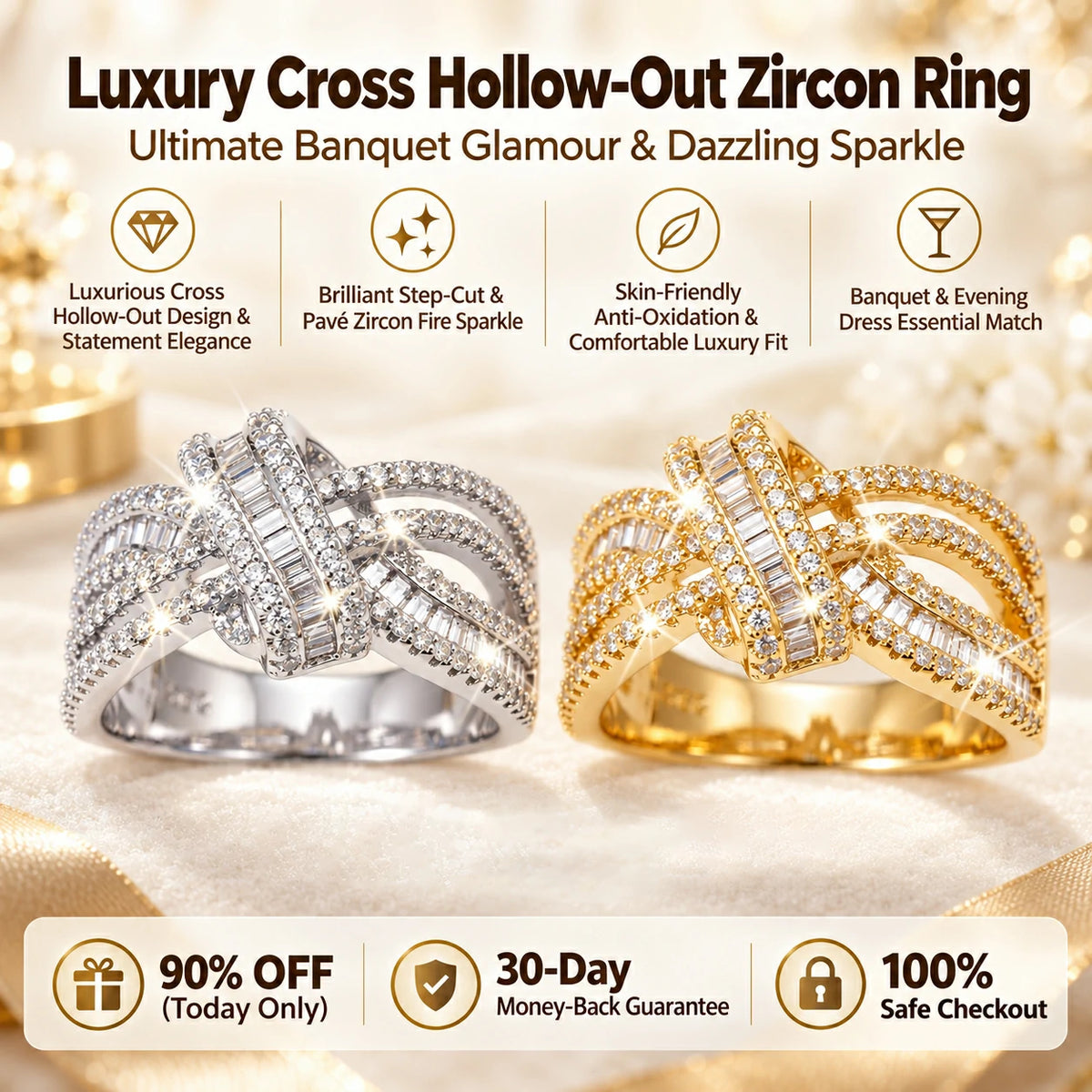 🔥 LAST DAY 90% OFF : Luxury Cross Hollow-Out Diamond Statement Ring – Multi-Band Elegance & Red-Carpet Glamour