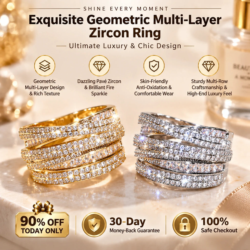 🔥 LAST DAY 90% OFF | Geometric Multi-Layer Zircon Statement Ring – Interwoven Pavé Brilliance & Comfort-Fit Design