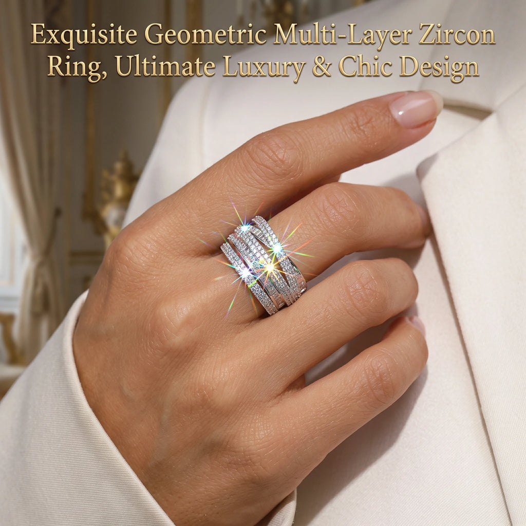 🔥 LAST DAY 90% OFF | Geometric Multi-Layer Zircon Statement Ring – Interwoven Pavé Brilliance & Comfort-Fit Design