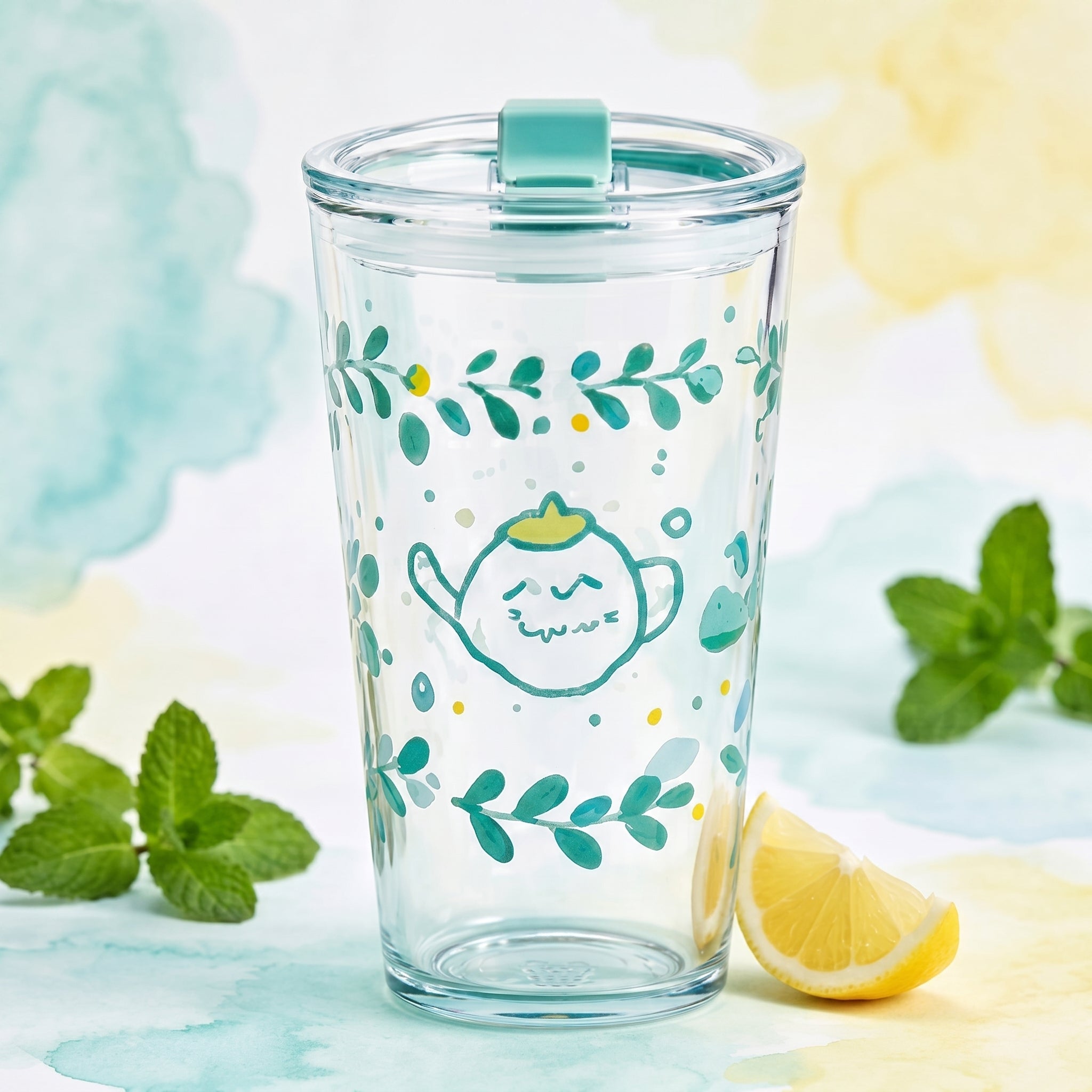 Whimsical Teapot Glass Travel Tumbler with Lid