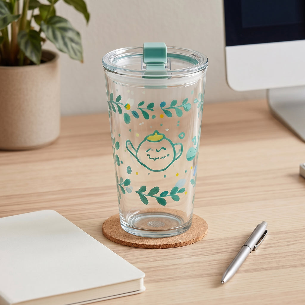 Whimsical Teapot Glass Travel Tumbler with Lid