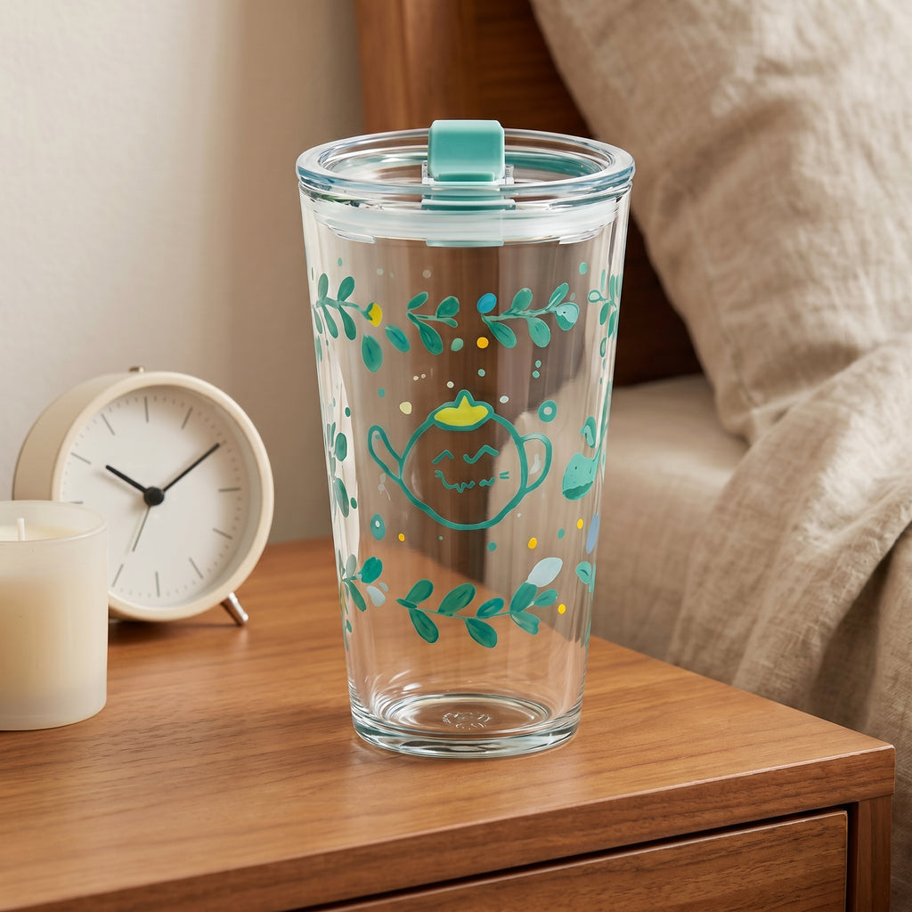 Whimsical Teapot Glass Travel Tumbler with Lid