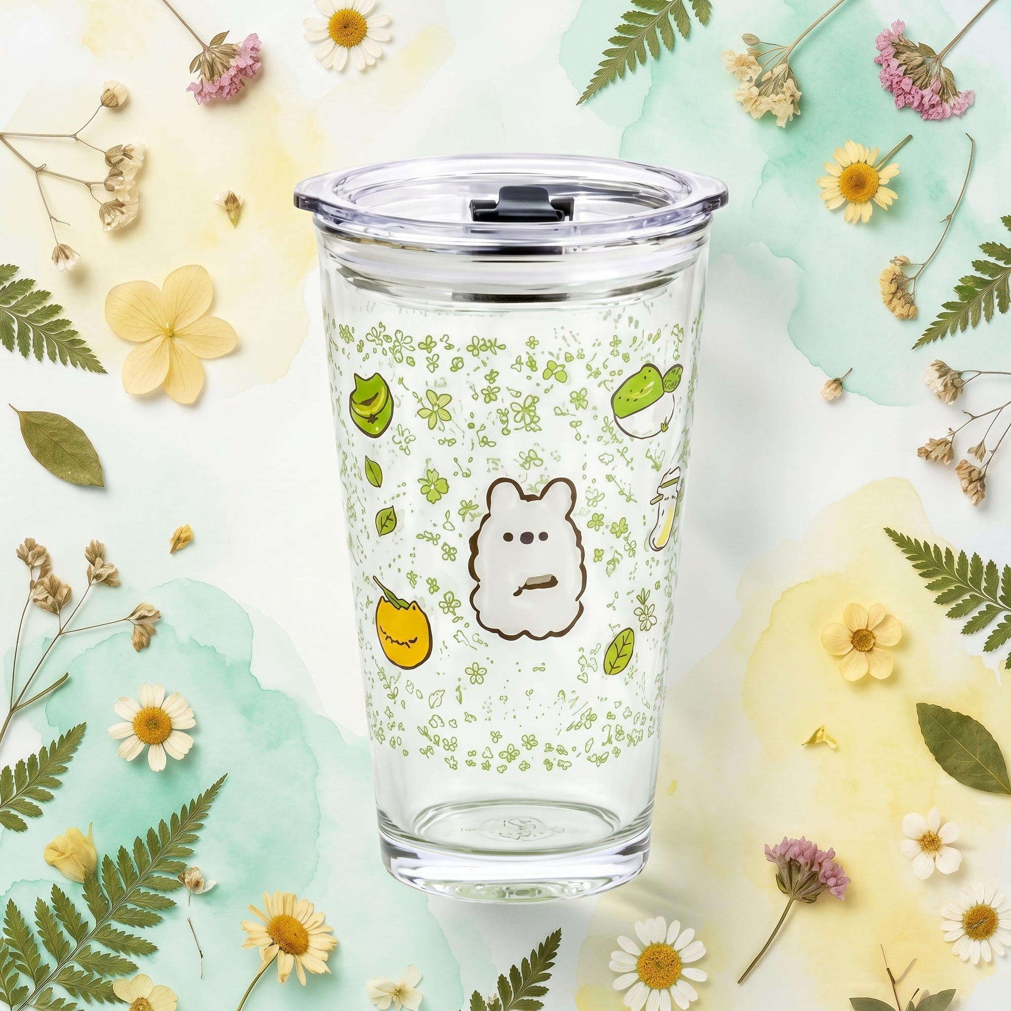 Hana and Usagi Botanical Glass Travel Tumbler with Lid