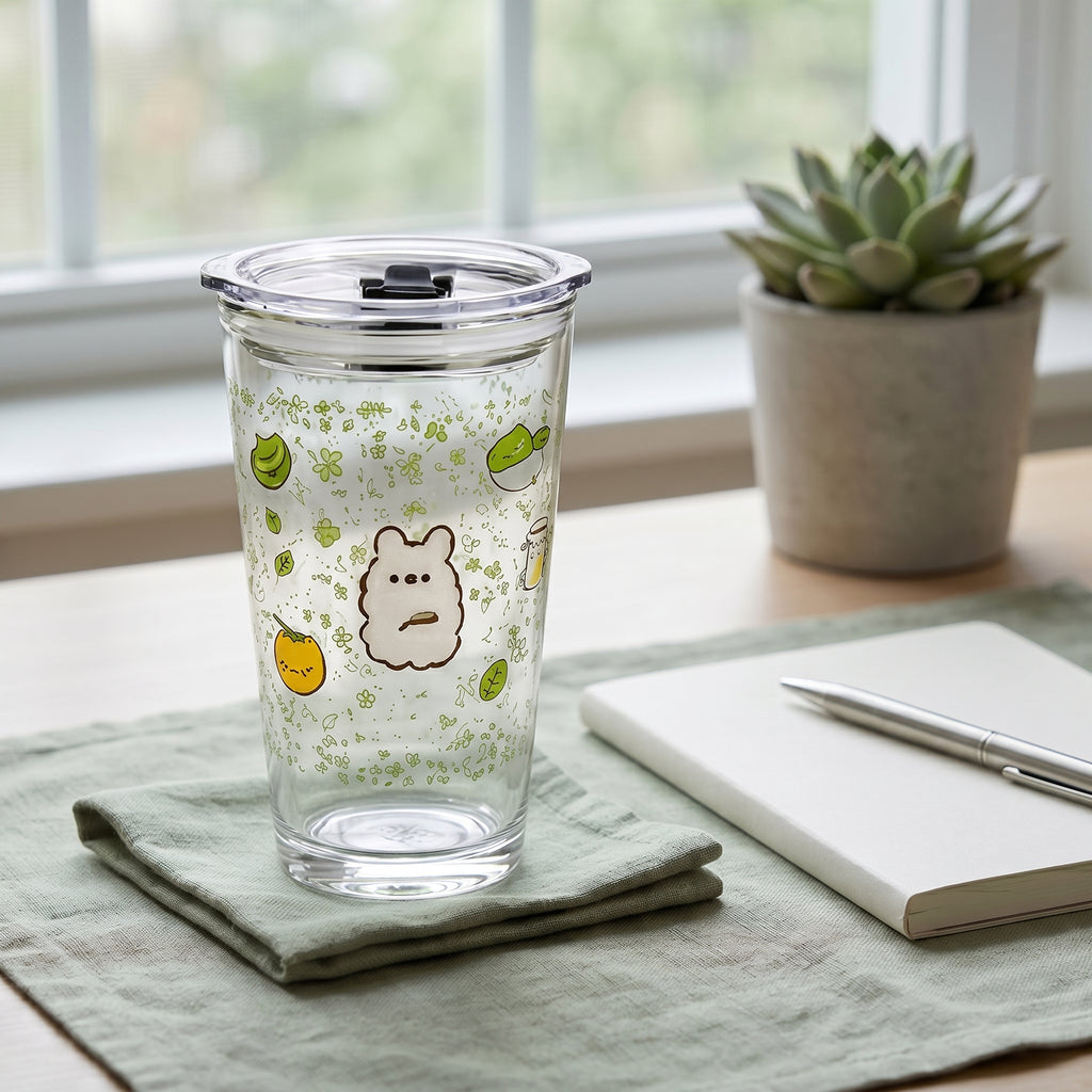 Hana and Usagi Botanical Glass Travel Tumbler with Lid