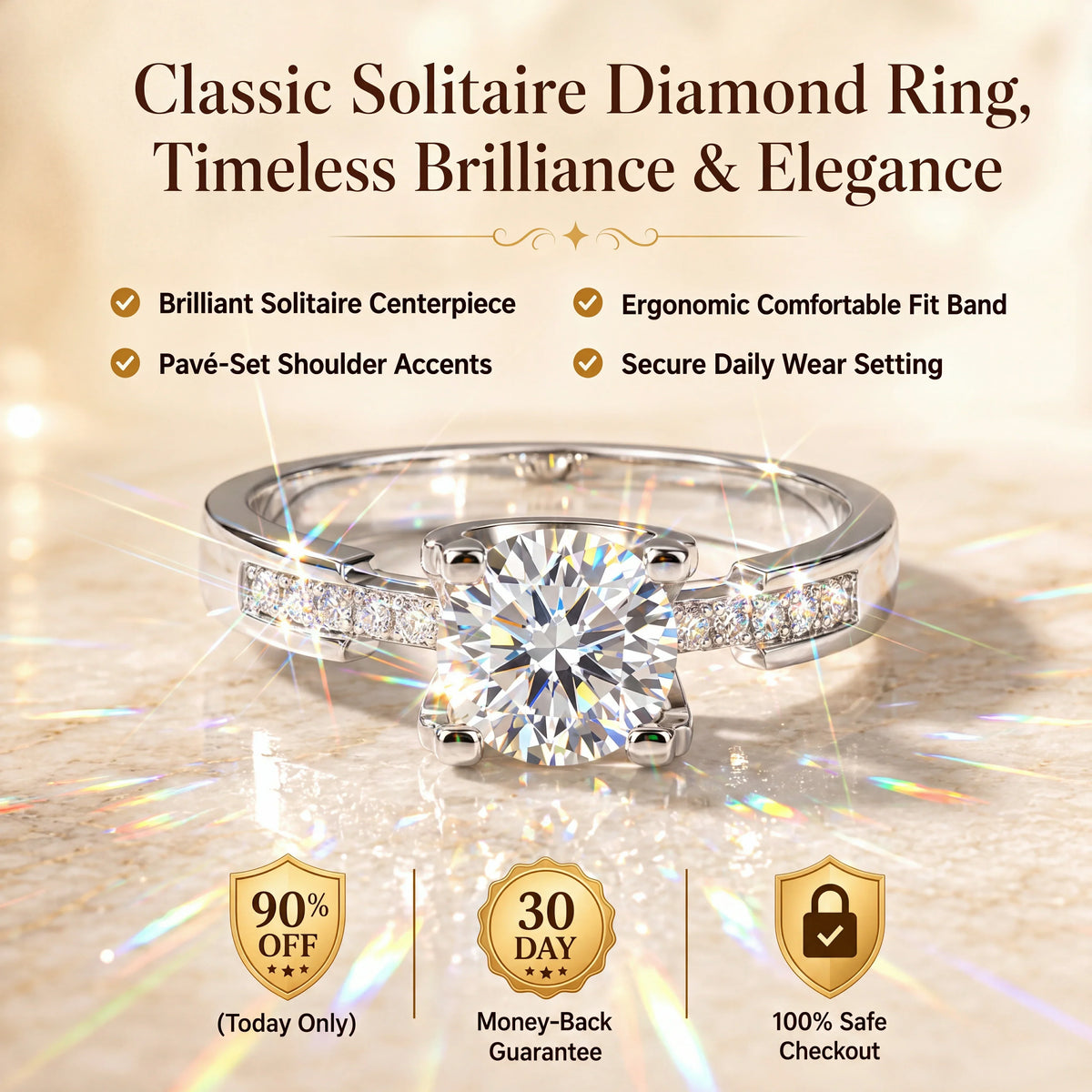🔥90% OFF TODAY ONLY：Classic Solitaire Pavé Diamond Ring – Timeless Brilliance &amp; Ergonomic Comfort Fit