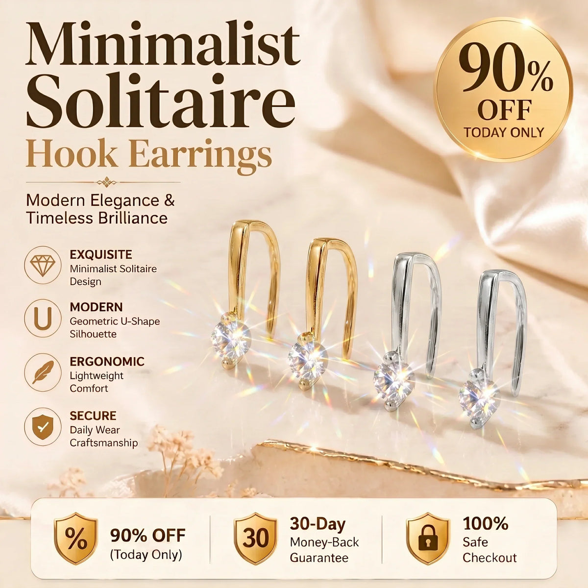 🔥 LAST DAY 90% OFF : Minimalist Solitaire U-Shape Hook Earrings – Easy-On Comfort & Timeless Brilliance