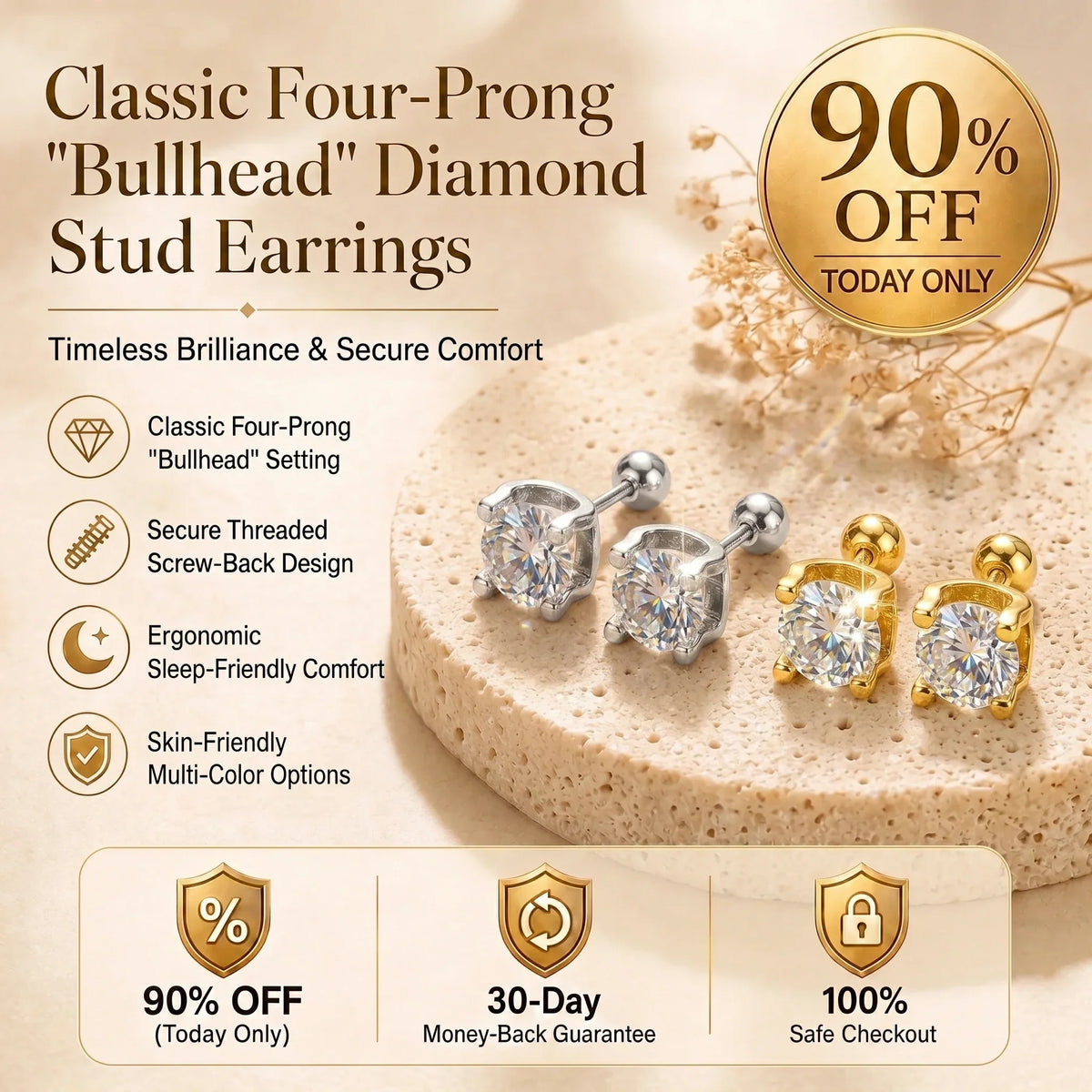 🔥 LAST DAY 90% OFF : Classic Four-Prong "Bullhead" Diamond Stud Earrings (Secure Screw-Back) – Timeless Brilliance & Sleep-Friendly Comfort
